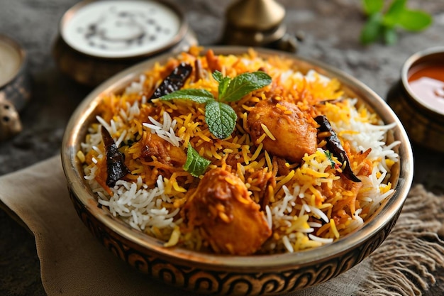 Imagens de biryani de frango gourmet com arroz basmati ao vapor