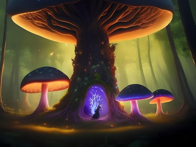 Imagens de cogumelos gigantes brilhantes na selva nebulosa