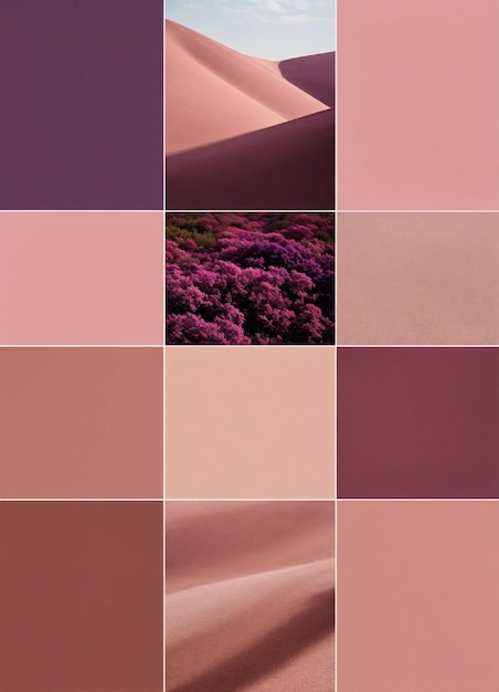 Imagens de combinação de tons apagados de rosa poeirento e roxo escuro com combinações de formas estéticas finas