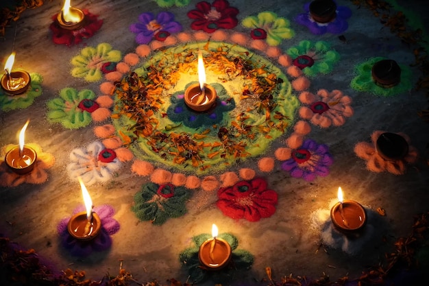 Imagens de Diwali rangoli, com diya