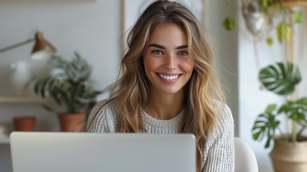 Imagens de estúdio chiques e simplistas de uma senhora alegre estendida sobre um sofá com um laptop AI gerativa