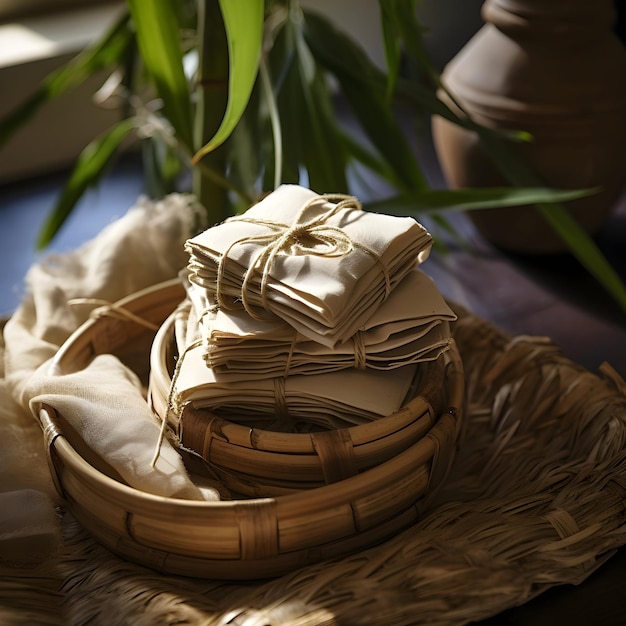 Imagens de flores Almofadas de tecido em um recipiente de bambu amarradas com corda de juta