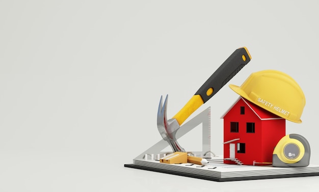 Foto imagens de fundo para empreiteiros de construção ou renovações de casas ou investimentos imobiliários com um modelo de casa vermelha cercado por ferramentas de carpintaria e fita métrica ilustração de renderização 3d