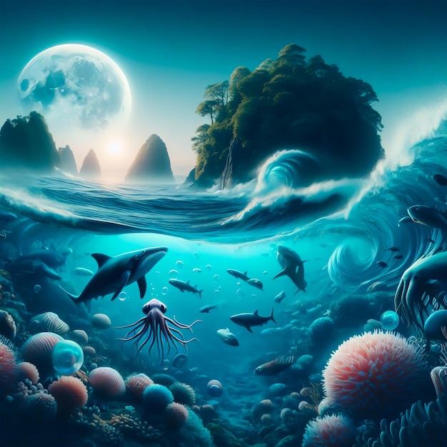 Imagens de monstros jurássicos debaixo d'água, mar azul e ilha abandonada.