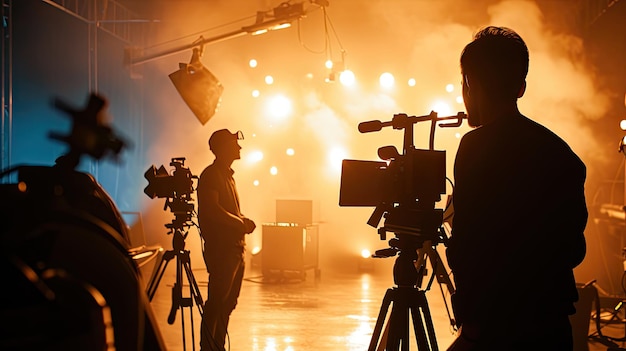Imagens de silhueta da produção de vídeo nos bastidores da criação de um filme comercial de TV que a equipe de filmagem Lightman e cameraman trabalhando juntos com o diretor de cinema no conceito de produção de filmes de estúdio