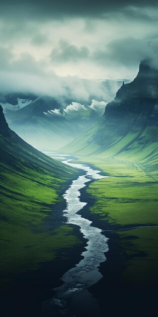 Imagens de sonho de um rio que flui através de majestosas montanhas