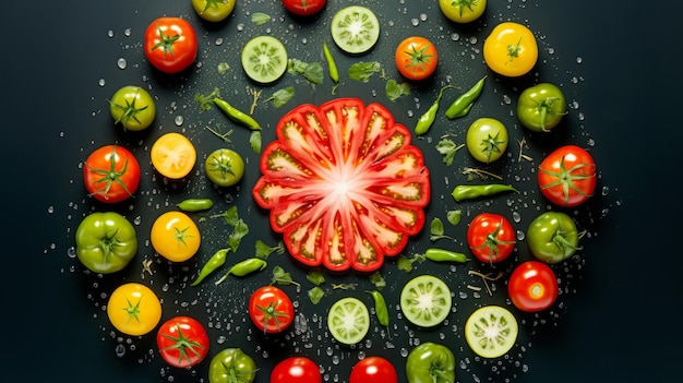 Imagens de tomates no estilo de arte caleidoscópica em fundo preto Arte elegante de vegetais