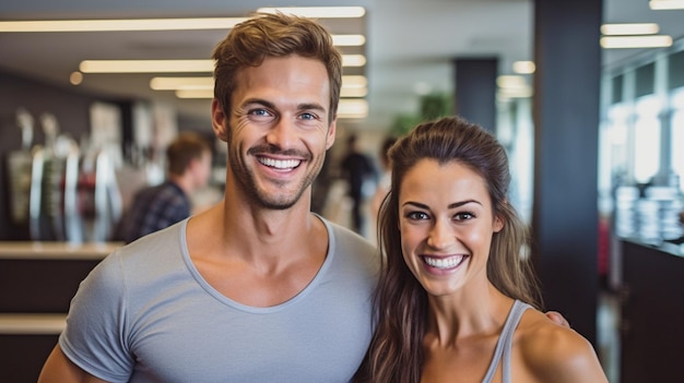 Imagens de um cara e uma mulher alegres representam uma ideia bem-sucedida de estúdio de fitness GERAR IA