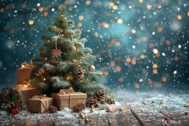 imagens de uma árvore de Natal com presentes em fundo de madeira coberto de neve branca