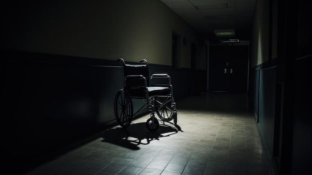 Imagens de uma cadeira de rodas desocupada em um corredor vazio do hospital, simbolizando o conceito de doença ou silhueta de isolamento