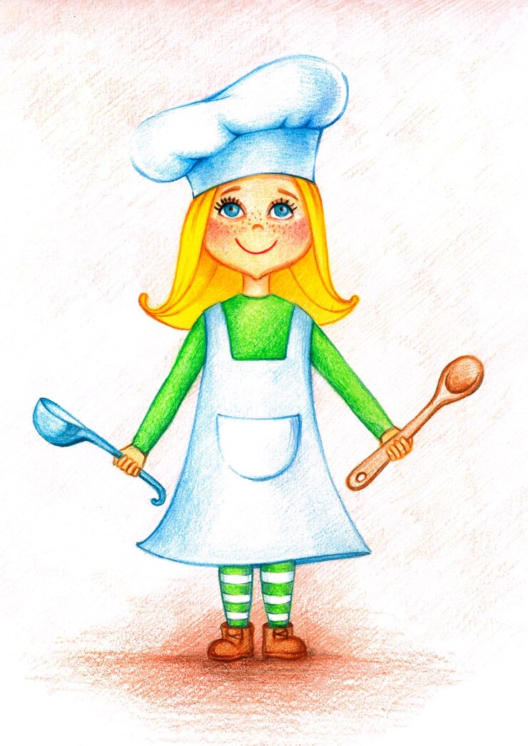 Foto imagens desenhadas com as mãos do pequeno cozinheiro com colher e balde pelos lápis de cor