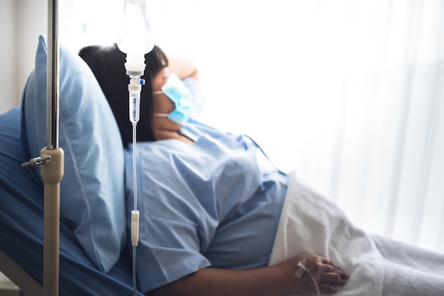 Imagens desfocadas de pacientes gordas asiáticas usando uma máscara cirúrgica deitada na cama do paciente