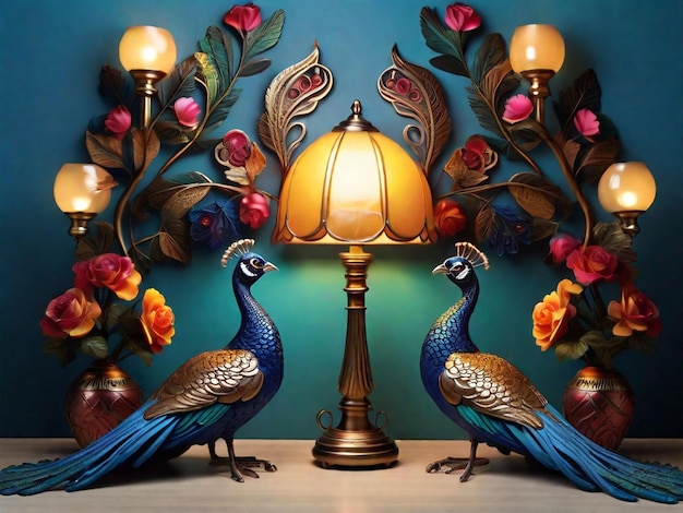 Foto imagens ecológicas realistas com pavão e lâmpadas coloridas