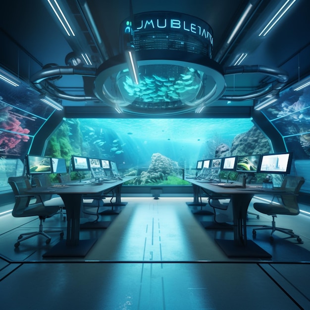 Imagens futuristas subaquáticas da sala de mesa do computador aquriam Arte gerada por IA