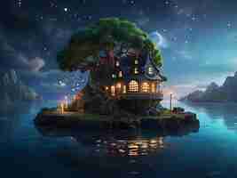 Foto imagina una casa de fantasía en medio del río una vivienda de cuento de hadas en el tronco del árbol generativo ai