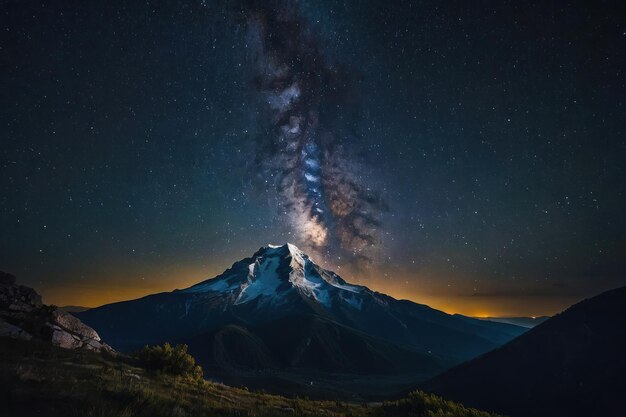 Imagina un cielo estrellado por la noche sobre una montaña silenciosa