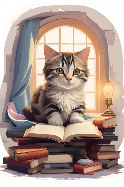 Imagina un gato cómodamente acurrucado en un libro de lectura. Diseño de camiseta.