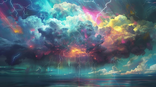 Imagina uma nuvem de tempestade com relâmpagos cada raio iluminando uma nova ideia colorida chovendo sobre o mundo
