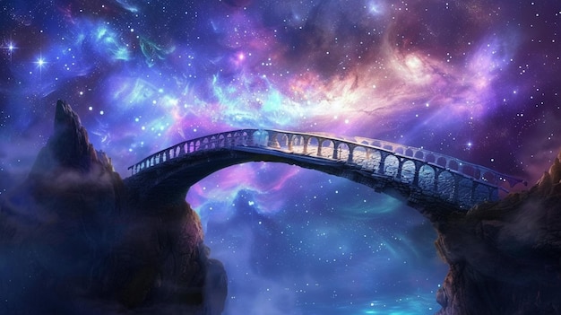 Imagina uma ponte feita de estrelas que se estende através do cosmos, levando almas do reino terrestre para os portões celestes, com galáxias girando em torno de uma dança de luz e cor.