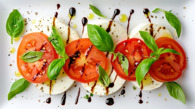 Imagina una vibrante ensalada de Caprese con tomates maduros y jugosos rebanadas frescas de mozzarella y hojas de albahaca exuberante