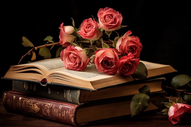La imaginación en flor, las rosas en flor y los libros abiertos en perfecta armonía.