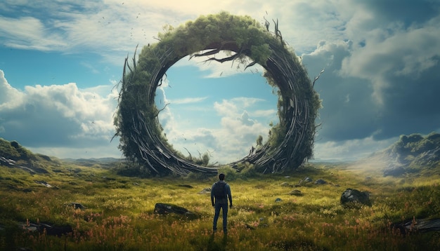 imaginación del hombre de pie y mirando un anillo gigante cubierto de vegetación en un campo exuberante