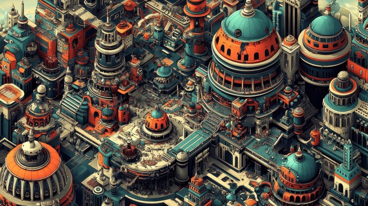 Imaginado un paisaje urbano isométrico densamente poblado