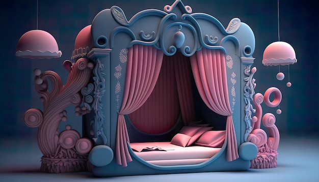 imaginäres Weltbett 3D So süß süß in Pink mit Blau Generieren Sie KI