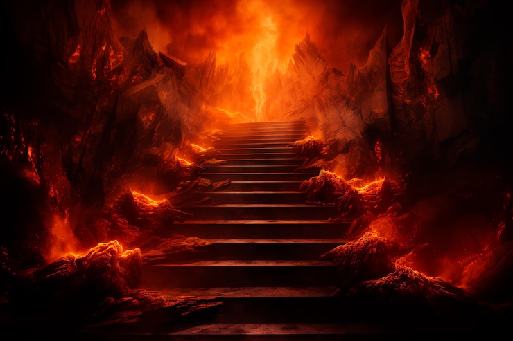 Foto imaginando a descida para o inferno uma escada rochosa escura que leva para baixo banhada em vermelho sinistro