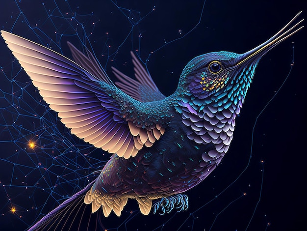 Imagine un colibrí digital navegando con gracia a través de una red compleja AI_Generated