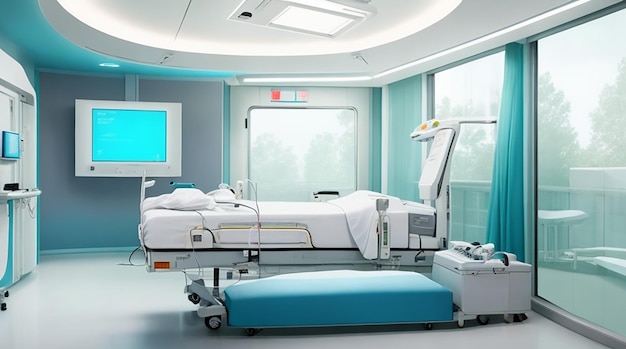 Imagine una habitación de hospital con tecnología médica avanzada y un diseño relajante.