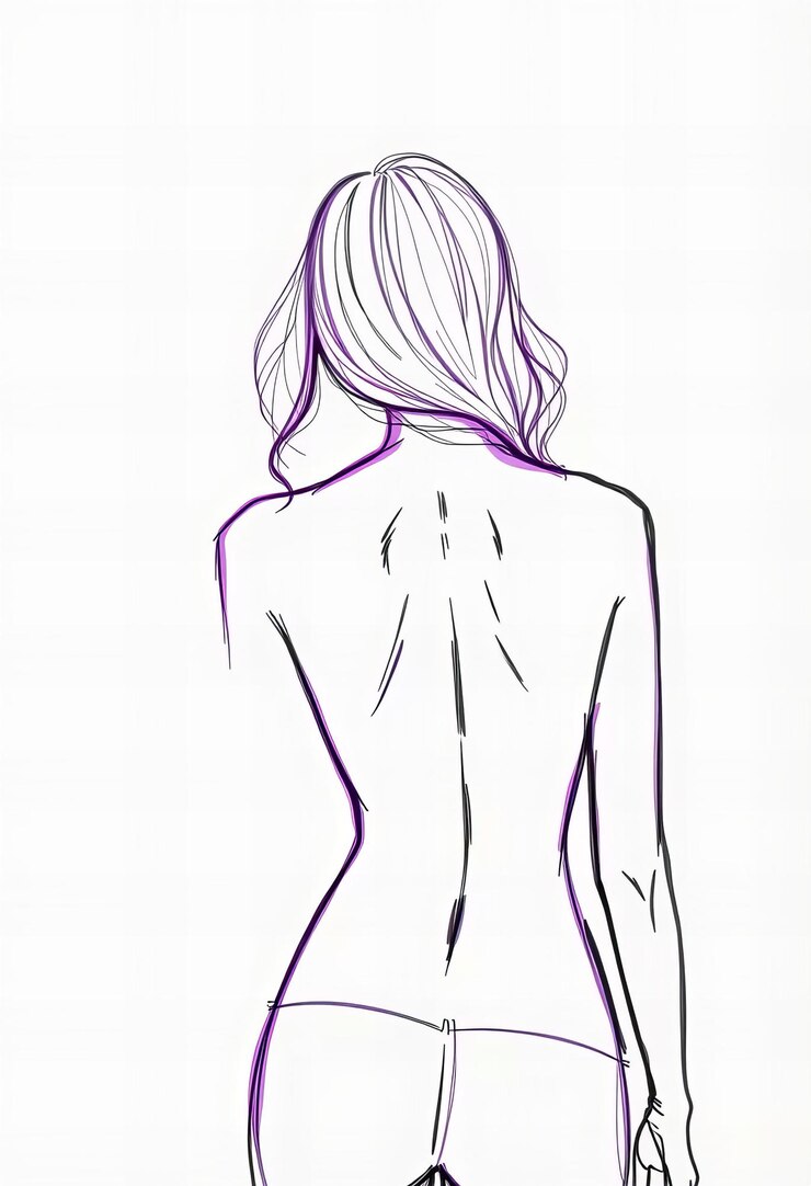 Imagine líneas de boceto simples de la espalda de la mujer con un tono púrpura luminoso