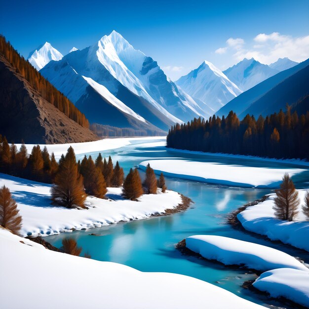 Imagine-se de pé nas margens de um rio de inverno cercado por uma paisagem de tirar o fôlego de neve para