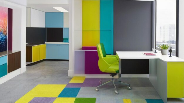 Imagine um espaço de escritório elegante e contemporâneo com uma surpresa de cores