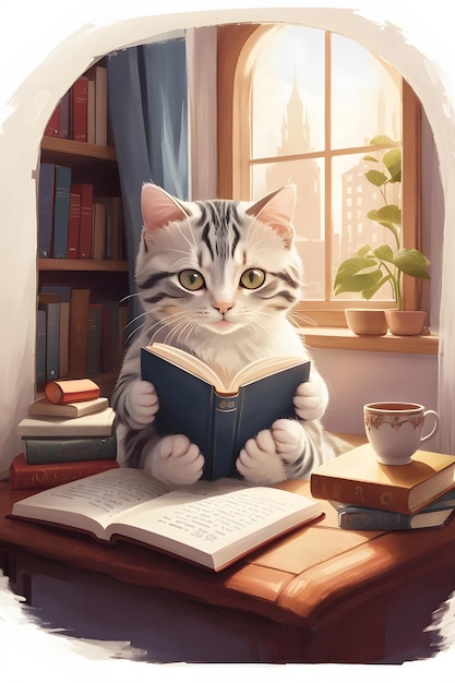 Imagine um gato aconchegado em um desenho de camiseta de livro de leitura