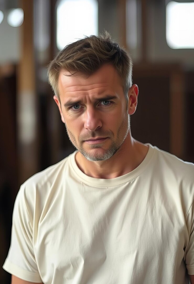 Foto imagine um homem triste com cabelo curto e caule, com mais de trinta anos, vestindo uma camiseta branca