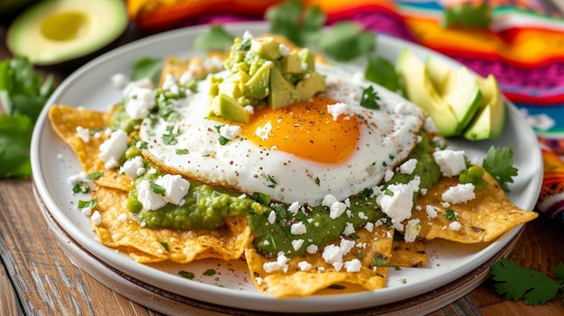 Imagine um prato vibrante de chilaquiles um prato tradicional mexicano de pequeno-almoço capturado em um cenário brilhante e colorido que traz para fora os pratos ricas texturas e sabores