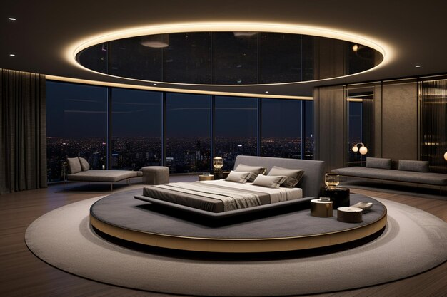 Foto imagine um quarto com uma cama circular giratória.