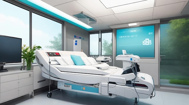 Imagine um quarto de hospital com tecnologia médica avançada e design relaxante
