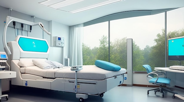 Imagine um quarto de hospital com tecnologia médica avançada e design relaxante