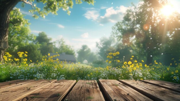 Imagine uma bela cena de primavera e verão onde a exuberância da grama verde jovem cria um cenário refrescante Uma mesa de madeira vazia fica neste ambiente sereno ao ar livre