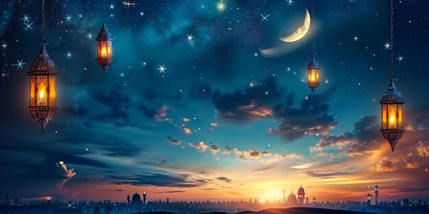 Imagine uma cena serena do Ramadã com lanternas tradicionais emitindo um brilho quente contra o fundo de um céu noturno estrelado e uma lua crescente todas banhadas no azul tranquilo do anoitecer