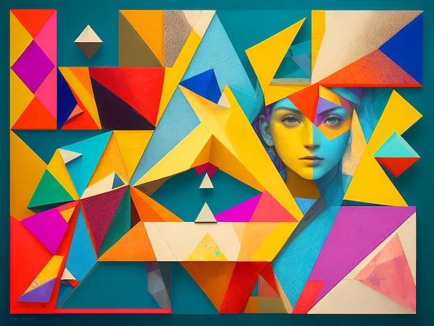 Imagine uma colagem artística e vibrante representando o Teorema de Pitágoras de uma maneira única.