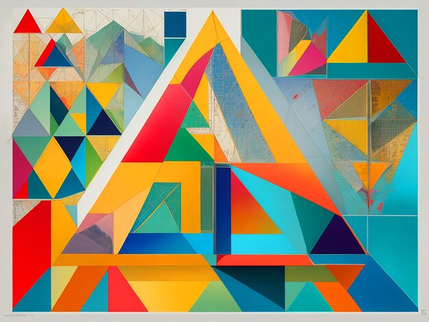 Imagine uma colagem artística e vibrante representando o Teorema de Pitágoras de uma maneira única.