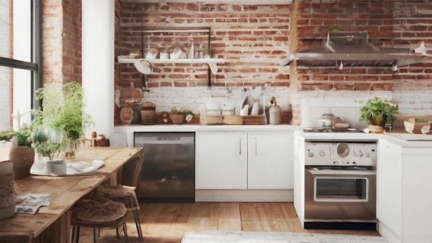 Imagine uma cozinha aconchegante com paredes de tijolos expostos adornadas com decoração minimalista e um toque de rústico
