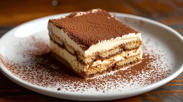 Imagine uma fatia de Tiramisu em camadas com dedos de senhora com expresso e creme de mascarpone pulverizado com cacau em um prato de cerâmica branca