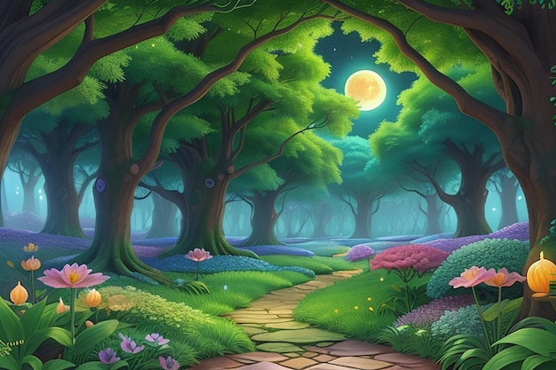 Imagine uma floresta mística cheia de flores vibrantes e vegetação exuberante, tudo iluminado pelo suave brilho da lua.