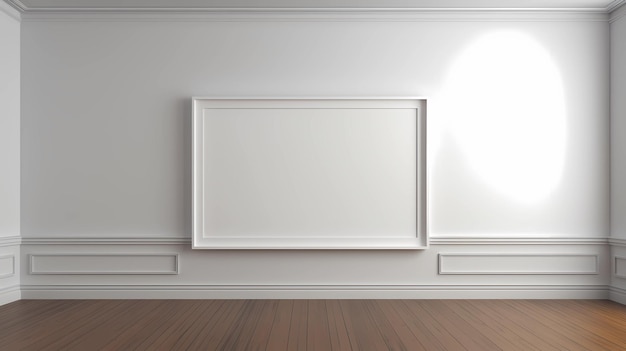 Imagine uma galeria de arte minimalista sediando uma exposição com uma grande foto de moldura em branco como o centro