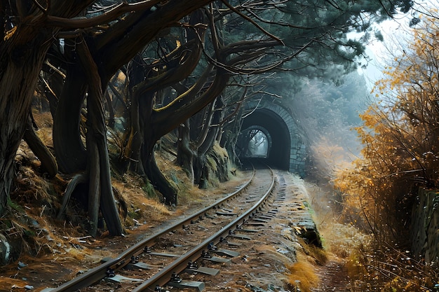 Foto imagine uma paisagem surreal, onde uma longa e sinuosa linha de trem se estende até o horizonte.