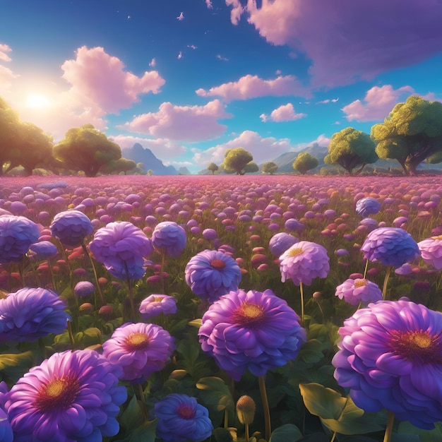 Imagine uma paisagem surrealista com um campo de flores gigantes estendendo-se sob um céu pintado em